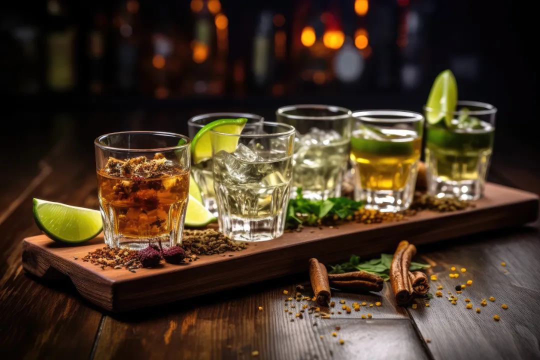 Drinks and snacks with friends in a bar featuring five glasses of alcohol accompanied by lime and pi